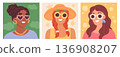 People in sunglasses. Beautiful women with funny party glasses, smiling girls portraits, happy female characters avatars, summer beach person, print or poster garish vector cartoon flat set 136908207