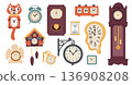 Retro watches clocks. Vintage mechanical clocks, dials with roman, arabic numerals, elegant pocket, classic wooden hourglass, electronic alarm and analog, garish vector cartoon isolated set 136908208