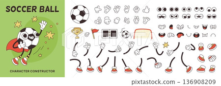 Soccer ball character constructor. Groovy sport mascot with smiling face, creation kit, different poses and expressions, arms and legs, happy faces, various gestures garish vector cartoon set 136908209