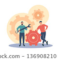 Technical support. Repair repair, maintenance workers with tools and gears, process optimization, system setup, engineering project automation, cartoon isolated vector technology concept 136908210