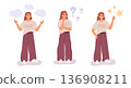 Thoughtful girl solves problem. Female character in three states, finding idea, reflection, insight symbol, creative woman, human with thought bubbles garish vector cartoon isolated concept 136908211