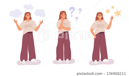 Thoughtful girl solves problem. Female character in three states, finding idea, reflection, insight symbol, creative woman, human with thought bubbles garish vector cartoon isolated concept Thoughtful girl solves problem. Female character in three states, finding idea, reflection, insight symbol, creative woman, human with thought bubbles garish vector cartoon isolated concept 136908211