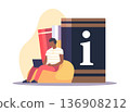 Training manual, digital documentation. Man with laptop on background of books, information symbol, online learning and digital knowledge, online library vector cartoon isolated concept 136908212