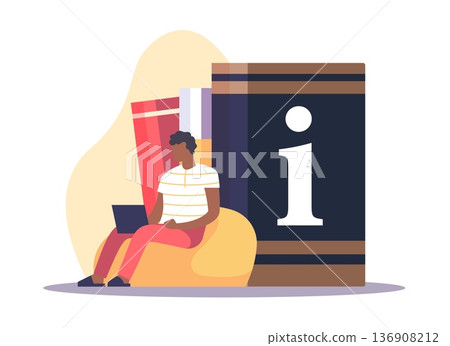 Training manual, digital documentation. Man with laptop on background of books, information symbol, online learning and digital knowledge, online library vector cartoon isolated concept 136908212