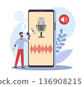 Voice control. Process of recording audio on smartphone, man with megaphone, voice communication, digital broadcasting and sound content, online message vector cartoon isolated concept 136908215