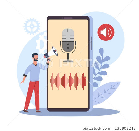 Voice control. Process of recording audio on smartphone, man with megaphone, voice communication, digital broadcasting and sound content, online message vector cartoon isolated concept 136908215