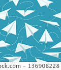 White paper planes seamless pattern. Origami aircrafts with flight paths, dotted lines, different angles. Decor textile, wrapping paper, wallpaper, qualitative vector background 136908228