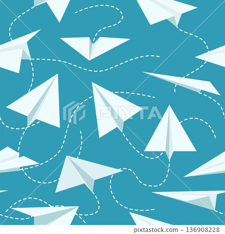 White paper planes seamless pattern. Origami aircrafts with flight paths, dotted lines, different angles. Decor textile, wrapping paper, wallpaper, qualitative vector background White paper planes seamless pattern. Origami aircrafts with flight paths, dotted lines, different angles. Decor textile, wrapping paper, wallpaper, qualitative vector background 136908228