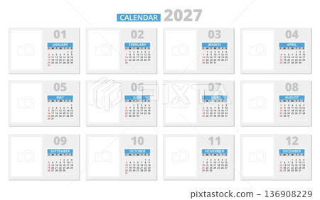 Yearly wall calendar pages. Simple design with place for images or photos, corporate and business monthly planner, minimalistic design templates qualitative vector organizer time management set 136908229