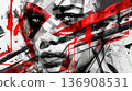 Stunning portrait overlaid with chaotic red abstract lines and splatters, expressing intense emotion. 136908531