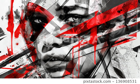 Stunning portrait overlaid with chaotic red abstract lines and splatters, expressing intense emotion. Stunning portrait overlaid with chaotic red abstract lines and splatters, expressing intense emotion. 136908531