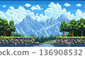 Pixel art depicting a peaceful mountain landscape with trees, a river, and fluffy clouds in the sky. 136908532
