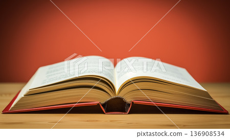 Inviting open book lies on a wooden table with a warm orange background, symbolizing knowledge and learning. Inviting open book lies on a wooden table with a warm orange background, symbolizing knowledge and learning. 136908534