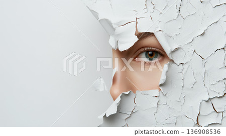 Eye gazing through a cracked white wall, symbolizing curiosity and discovery. 136908536