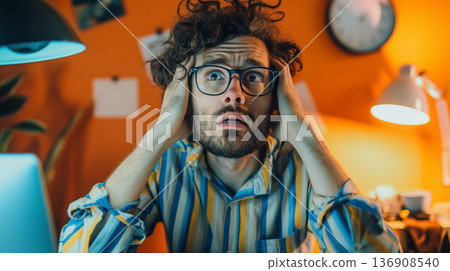 Man with tousled hair looks shocked at his desk, surrounded by warm glowing lights in an orange room. 136908540