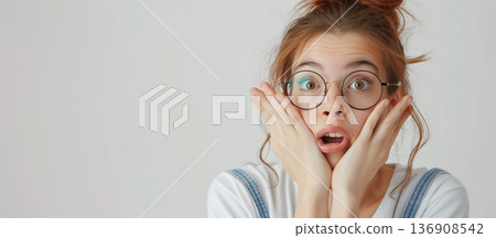 Young woman with glasses holding her cheeks in shock, her mouth open, against a plain background. 136908542