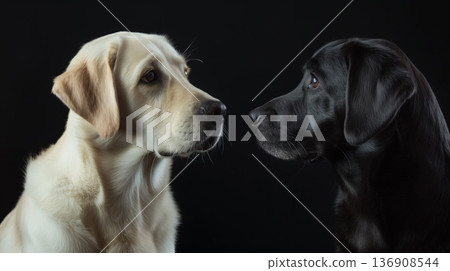 Black and a white Labrador dog face each other against a black background, highlighting their contrasting fur. 136908544