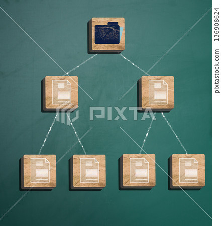 Hierarchical structure made of wooden cubes, top cube with folder icon, lower levels with document icons Hierarchical structure made of wooden cubes, top cube with folder icon, lower levels with document icons 136908624