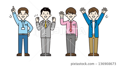 一組全身向量插圖，描繪了多位在公司或辦公室工作的年輕商務人士和辦公室職員。 136908673