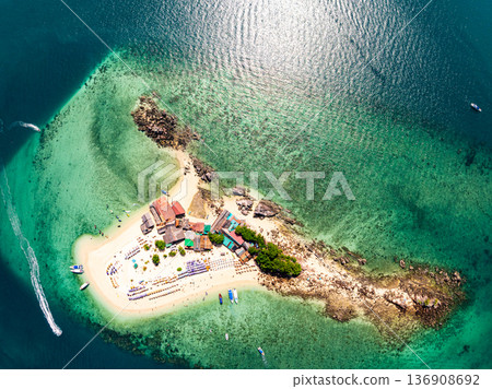 Drone aerial view shot of Tropical sea with beautiful small island in Phuket Thailand Drone aerial view shot of Tropical sea with beautiful small island in Phuket Thailand 136908692