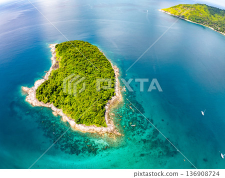 Drone aerial view shot of Tropical sea with beautiful small island in Phuket Thailand Drone aerial view shot of Tropical sea with beautiful small island in Phuket Thailand 136908724