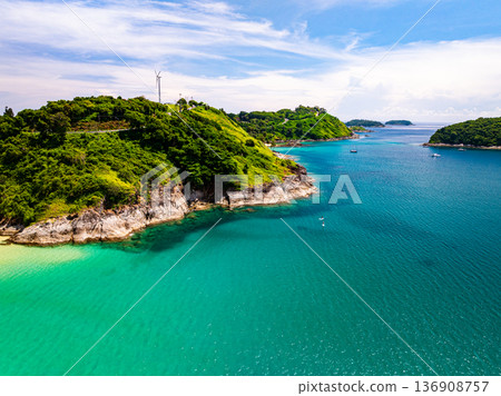 Aerial view of a blue sea surface water texture background and sun reflections Aerial flying drone view Waves water surface texture on sunny tropical ocean 136908757