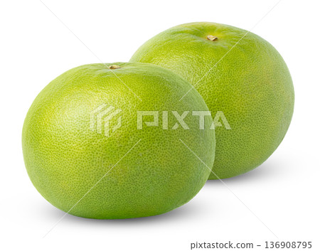 Two fresh ripe sweetie citrus fruits isolated. Green grapefruit sweetie, pomelit, pomelo or oroblanco fruits isolated. 136908795