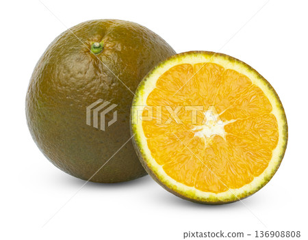 Whole chocolate navel bronze orange and half of brown orange isolated. 136908808