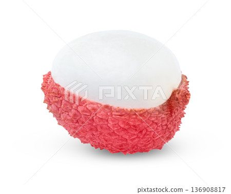 Peeled half of fresh pink lychee isolated with clipping path. 136908817
