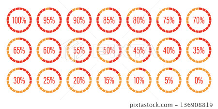 Progress bars. Round graph loading progress set. Template of orange and red color fill pie charts indicator. Circle diagrams icons for infographics from 0 to 100 percent. Round percentage infographic. 136908819