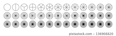 Sectors divide the circle on equal parts. Coaching blank. Segmented charts. Parts of diagram wheel from 1 to 39. Template of pie charts. Outline black graphic. Set of pie chart, pizza chart. Segments 136908820