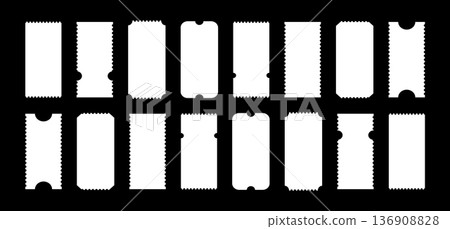 Admit ticket mockup on black background set. Pattern of tickets for cinema, theater, club, festival, casino, circus. Empty flat template. Simple boarding blank, lottery, minimalist sale coupons. Admit ticket mockup on black background set. Pattern of tickets for cinema, theater, club, festival, casino, circus. Empty flat template. Simple boarding blank, lottery, minimalist sale coupons. 136908828