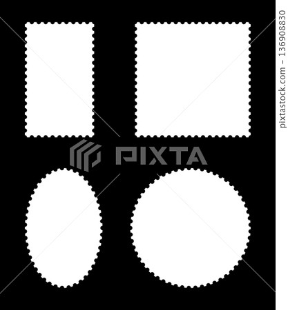 Backdrops for postcard, letters, empty borders. Circle or oval and rectangular blank vintage stamps. Postage stamp template frames. Coupons, tags, labels, boxes with wavy, wiggly perforated edges. 136908830