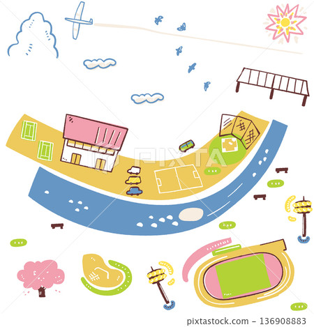 A map of the open riverside sports complex with a variety of stadiums including baseball, soccer, track and field, tennis, and skateboarding. A map of the open riverside sports complex with a variety of stadiums including baseball, soccer, track and field, tennis, and skateboarding. 136908883