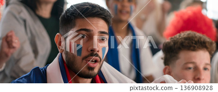 French football fans celebrating their team at stadium. French football fans celebrating their team at stadium. 136908928