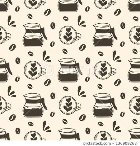 Vintage background with coffee beans, teapot and cappuccino cups 136909268