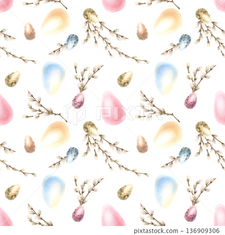 Watercolor willow branches with Easter colorful eggs seamless pattern. Traditional symbol of religious bright holiday in pastel colors. Hand drawn illustration isolated from background for packaging 136909306