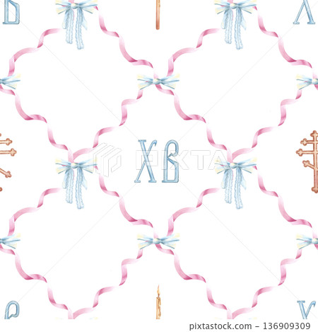 Easter seamless pattern in Cottagecore style. Religious cross, burning candle, letters Christ in Risen, tied bow, copy space. Watercolor pastel blue pink shades. Illustration isolated from background. 136909309