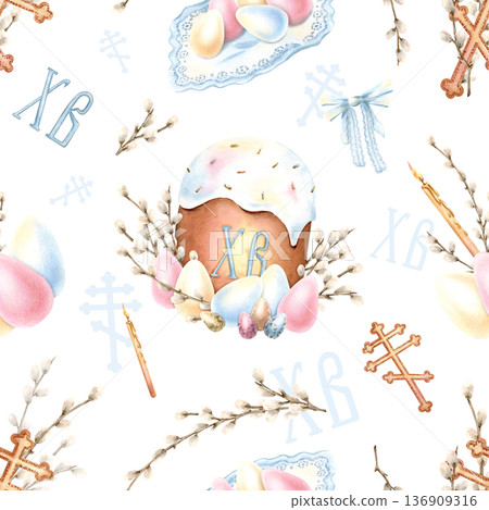 Orthodox Easter festive seamless pattern. Icing cake, lit candle, religious cross, colorful eggs, willow branches in pastel colors. Light watercolor isolated illustration for decoration, packaging 136909316