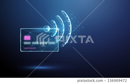 3d neon Wi-Fi icon with bank card. Wireless payment, secure online transactions, contactless payment, fintech innovation, e-commerce security, mobile finance concept. 136909472