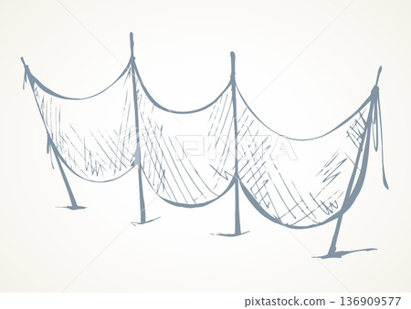 The fishing net dries on the shore. Vector drawing 136909577