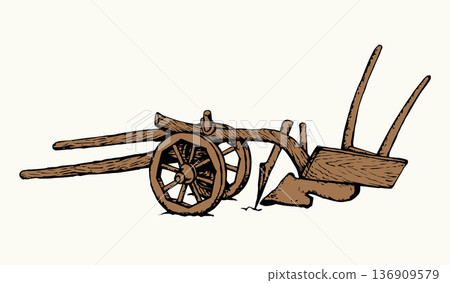 Ancient plow. Vector drawing object 136909579