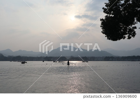 Three Stone Pagodas at West Lake in Hangzhou Three Stone Pagodas at West Lake in Hangzhou 136909600