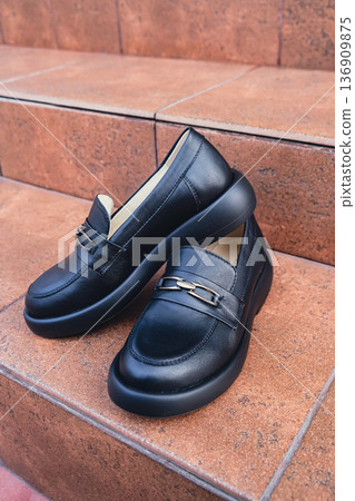 Elegant black leather womens shoes displayed. New black leather female shoes with glossy finish, perfect for style magazines footwear ads and modern elegant fashion e-commerce layouts. No logo Elegant black leather womens shoes displayed. New black leather female shoes with glossy finish, perfect for style magazines footwear ads and modern elegant fashion e-commerce layouts. No logo 136909875