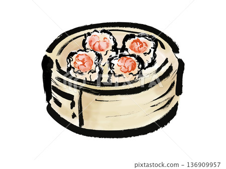 日式毛筆畫風格的蒸籠蝦燒賣 136909957