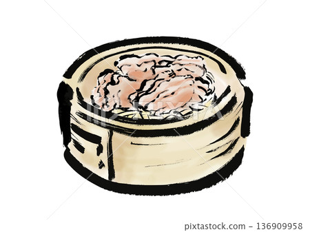 日式毛筆畫風格的蒸籠裡薄切豬肉 136909958