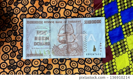 Close-up of Zimbabwe's 50 Billion Dollar Banknote, Travel and Tourism Financial Concept 136910214
