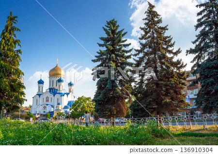 Uzhhorod, Ukraine - 06 Jul, 2012: Ukrainian Orthodox Church. Christ the Saviour Cathedral on Cyril and Methodius square on summer morning. Christian architecture in city landscape 136910304
