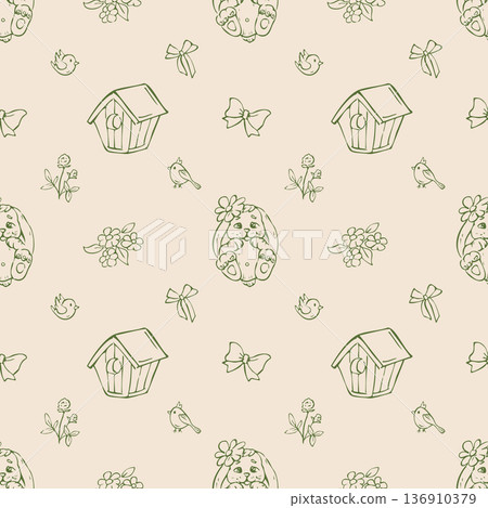 Whimsical seamless pattern with birdhouse, cute bunny and birds. Hand drawn outline illustration Whimsical seamless pattern with birdhouse, cute bunny and birds. Hand drawn outline illustration 136910379