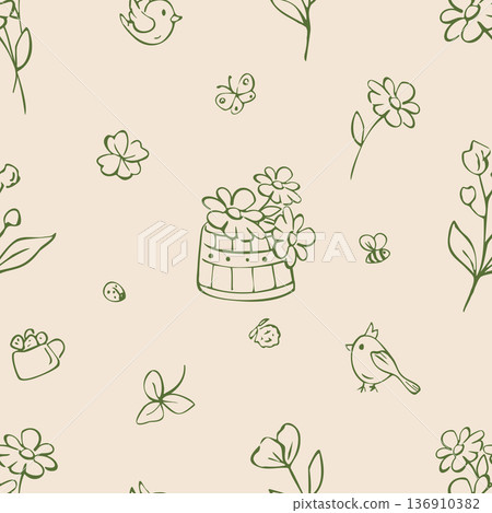 Whimsical seamless floral pattern with birds and leaves. Hand drawn outline illustration Whimsical seamless floral pattern with birds and leaves. Hand drawn outline illustration 136910382